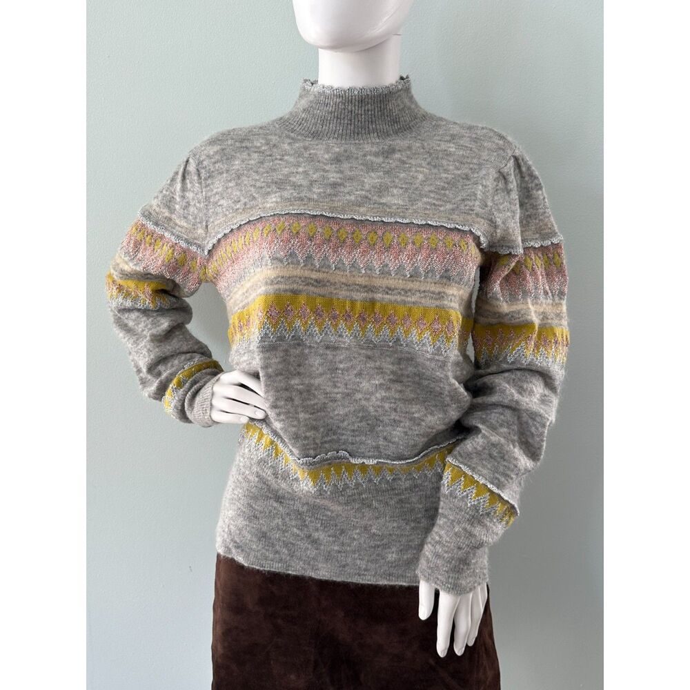 BCBG MAXAZRIA Fair Isle Knit Sweater Mock Neck Wool Mohair Blend Grey size Large